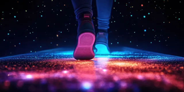 Close-up legs walking on neon glowing pathway with blue and orange light trails at night