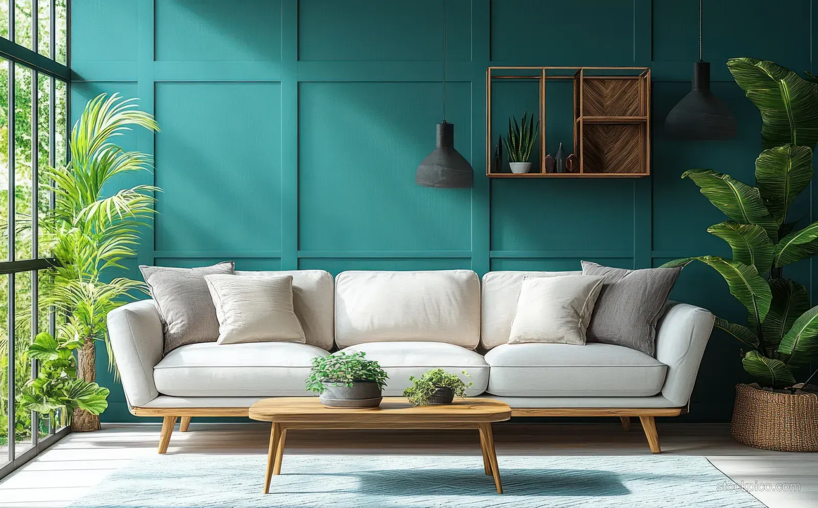 Cozy gray sofa on a rug with potted plants and teal paneled wall in a sunlit living room.