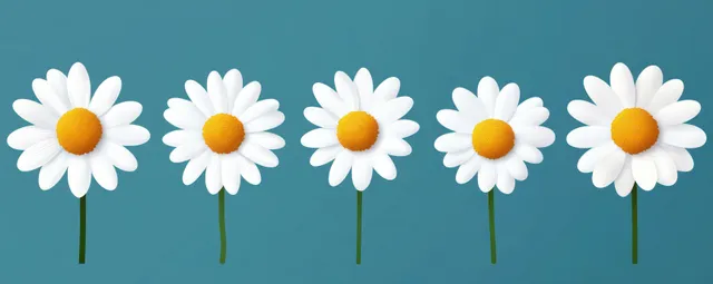 Five white daisies with yellow centers are arranged in a row against a solid blue background.