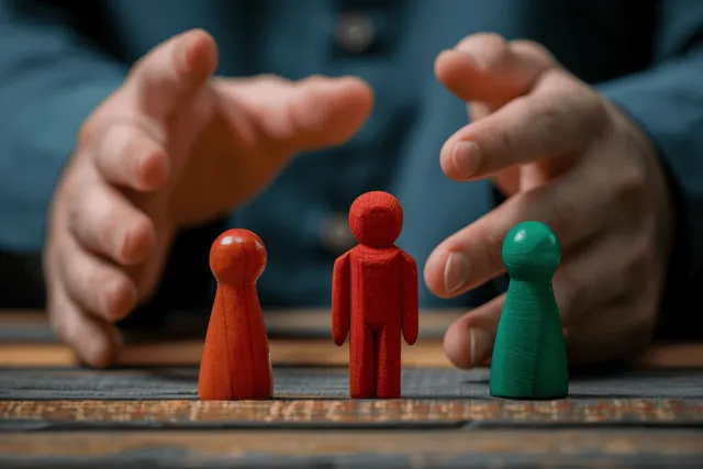 A man’s hands move red and green wooden figures on a desk to suggest conflict mediation.