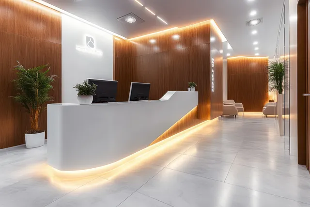 White clinic reception desk glows with LED edge lighting beside warm wood panels, plants, and waiting chairs in a bright hallway.