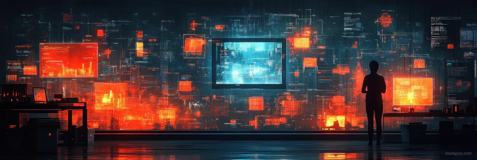 A trainee and mentor silhouette in a futuristic workspace with glowing career icons and digital screens.