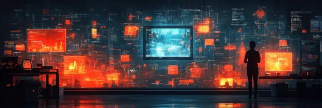 A trainee and mentor silhouette in a futuristic workspace with glowing career icons and digital screens.