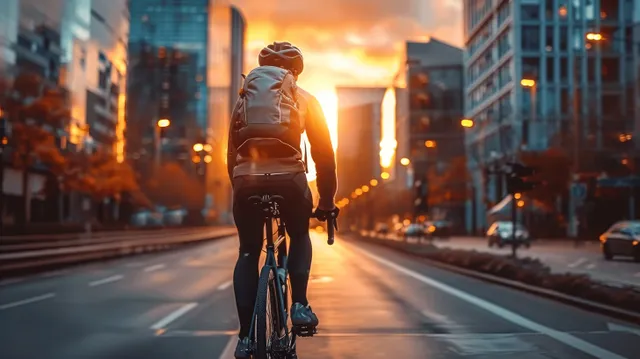 Cyclist riding through empty city street at sunset between skyscrapers