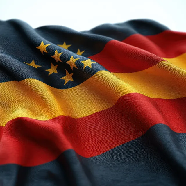 Close-up waving flag with red yellow black stripes and blue canton with stars