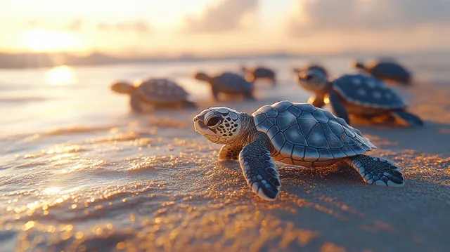 A baby sea turtle crawls on sunlit wet sand with other hatchlings blurred in the background.