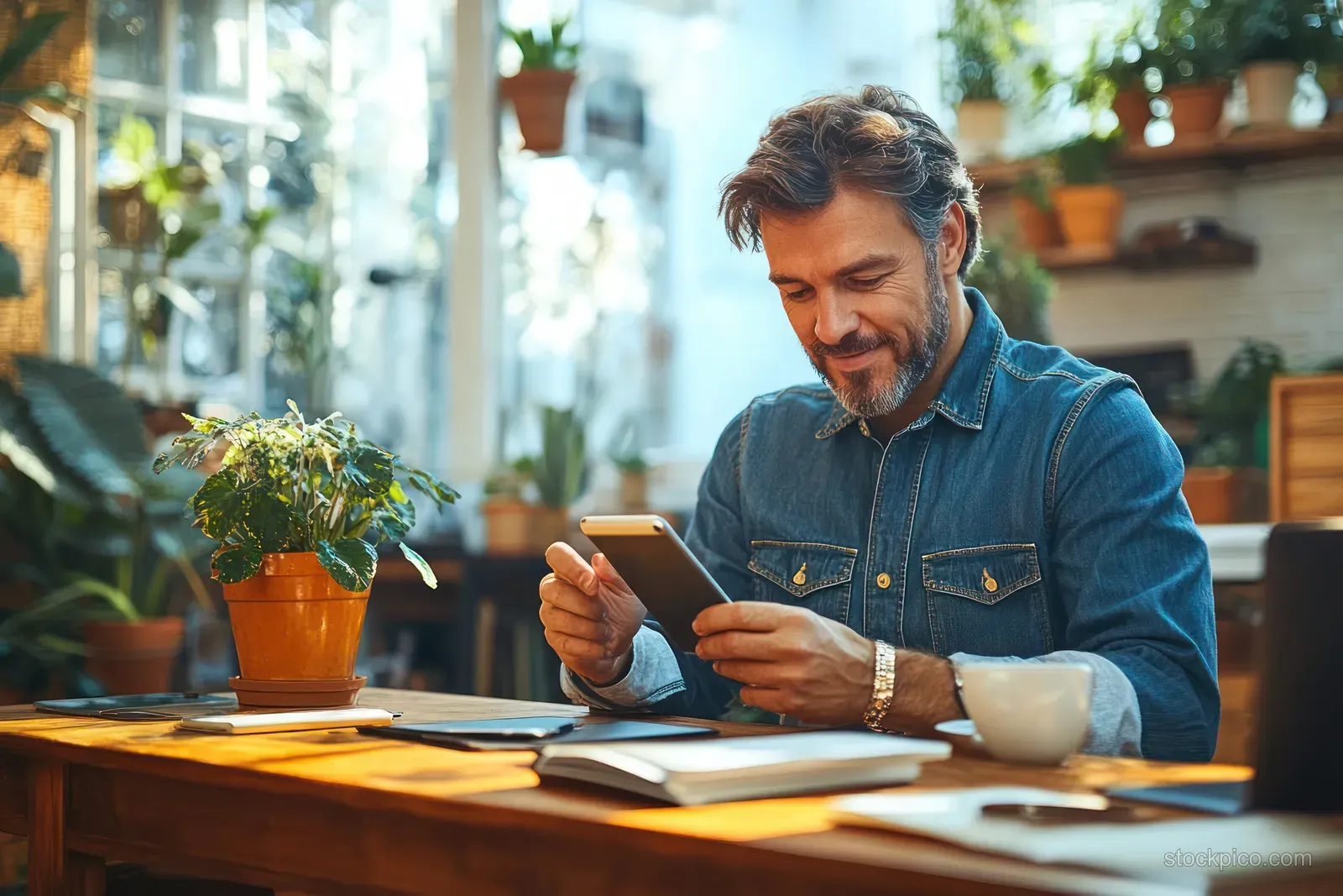 Smiling man in a cozy home office holding a smartphone and typing on a laptop at a desk.