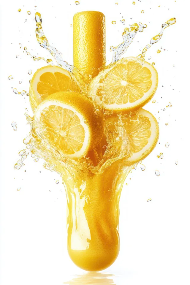 Lemon juice splash with floating lemon slices rising from a clear bottle