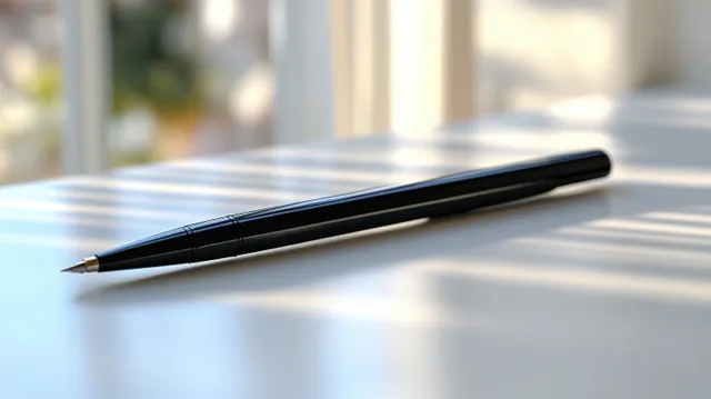 Black ballpoint pen lying diagonally on a clean white desk with a soft shadow and visible metal tip.