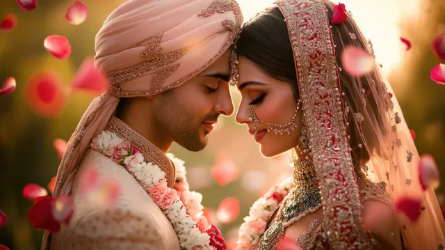 Close-up bride and groom sharing an intimate moment as rose petals fall in golden wedding light