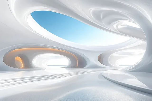 Futuristic white curved corridor interior with soft glowing lights and a blue light opening in the distance.