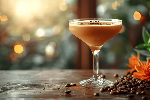 Espresso martini in a martini glass with coffee beans on a bar counter and warm blurred lights in background.