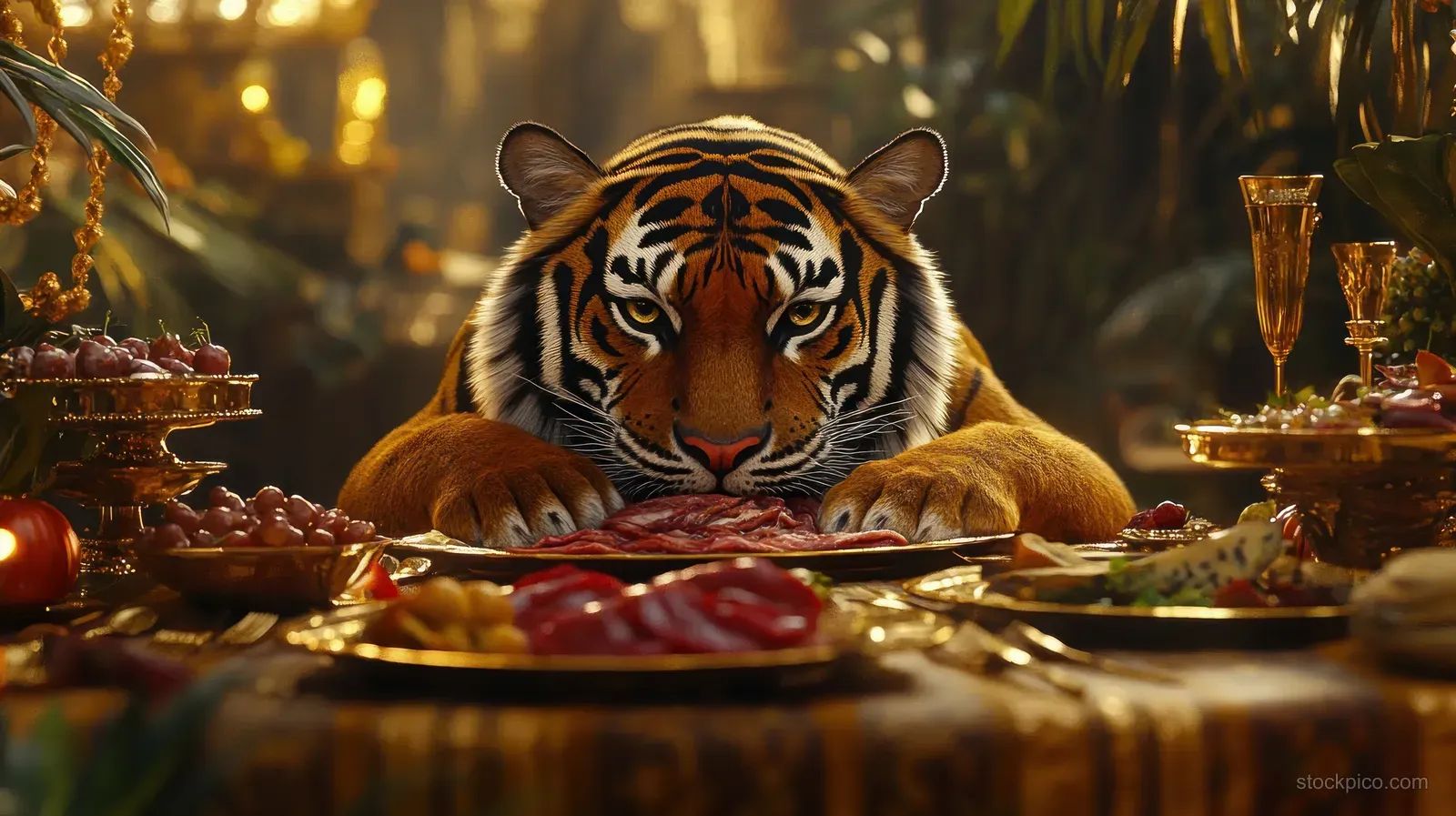 A tiger resting its paws on an ornate dining table with food platters and golden goblets under warm lights.