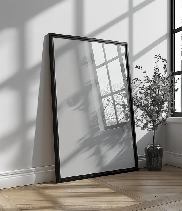 Black picture frame mockup leaning on a light parquet floor with window reflection and a vase by white walls.