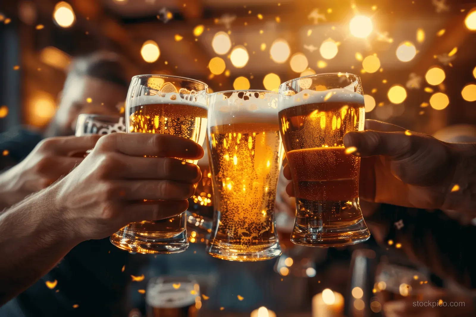 Friends clink beer glasses together in a warmly lit bar.