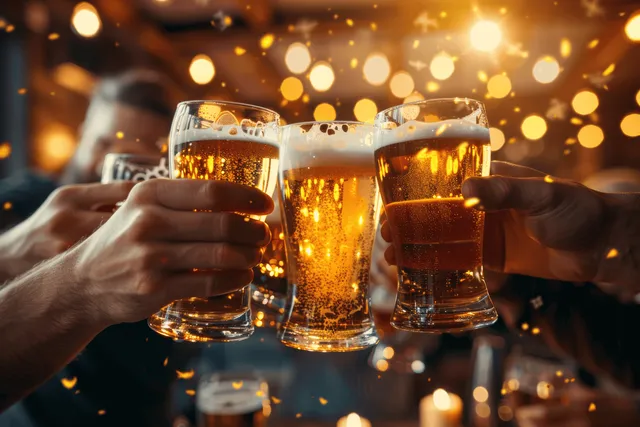 Friends clink beer glasses together in a warmly lit bar.