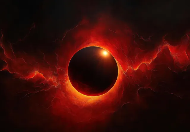Dark eclipse orb surrounded by glowing red plasma and lightning-like energy against a black space background.