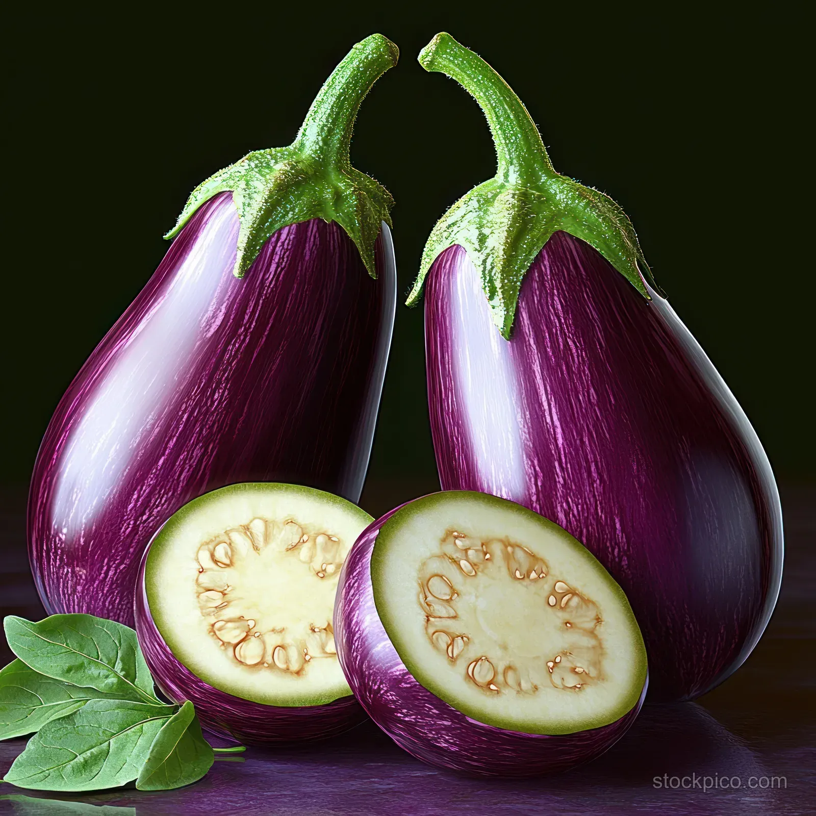 Two whole eggplants and halved slices with visible seeds on a dark surface beside green leaves.