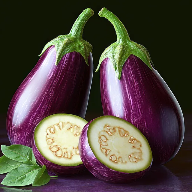 Two whole eggplants and halved slices with visible seeds on dark background