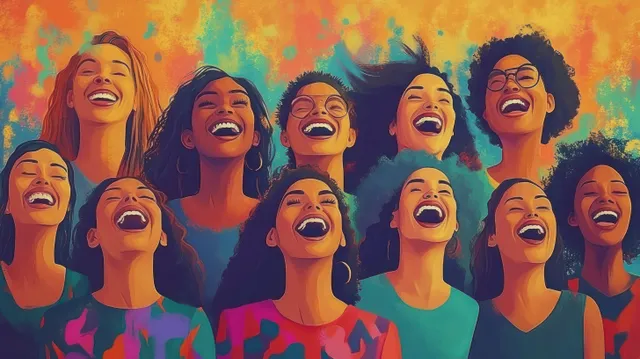 Diverse young women laughing together against a vibrant abstract background