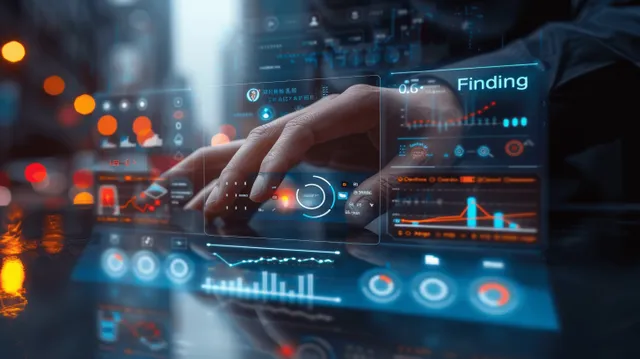 Hands interact with a laptop KPI dashboard showing charts, graphs, and glowing indicators in an office setting.