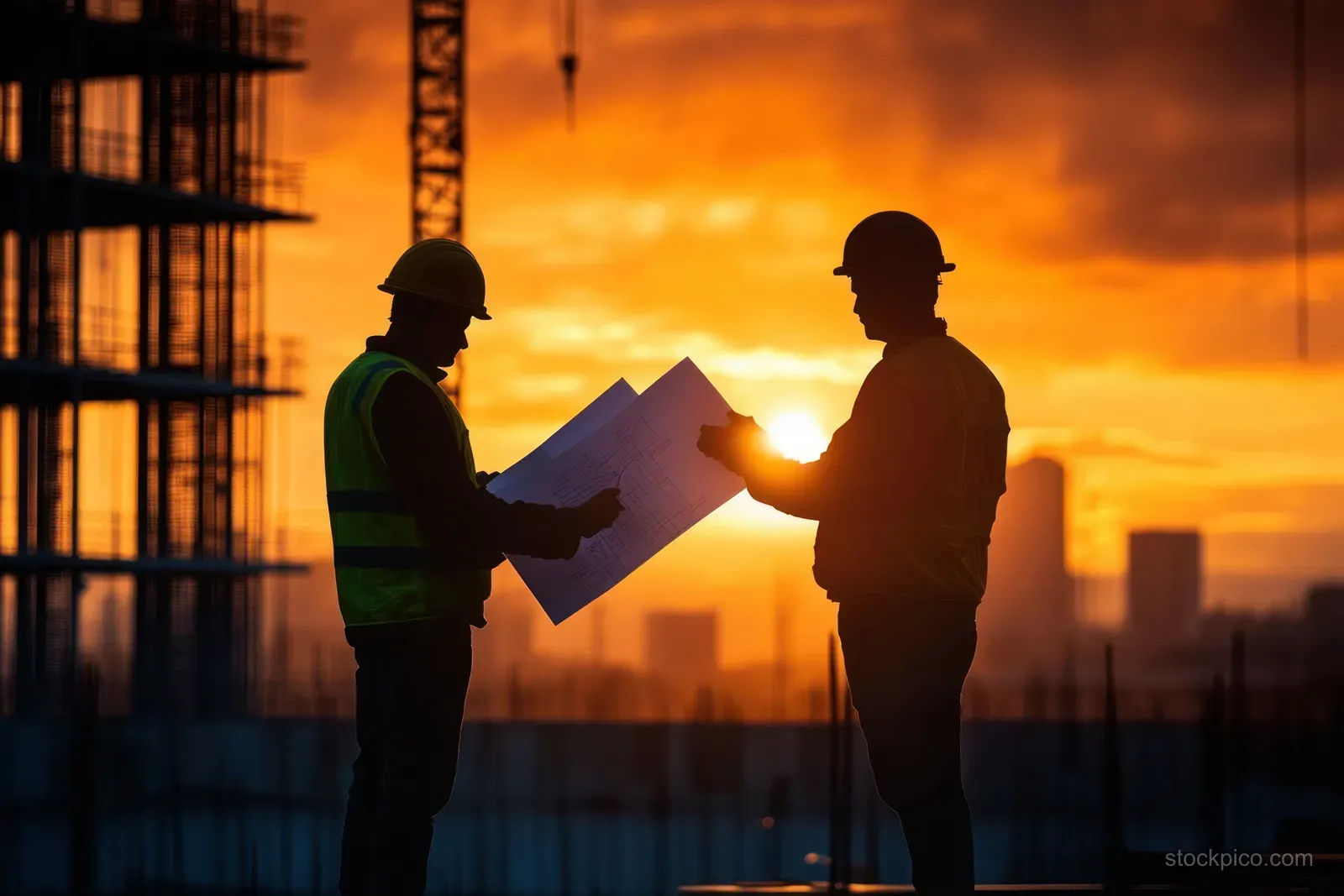 Two silhouetted construction workers review blueprints on a high scaffold at sunset over an industrial skyline.