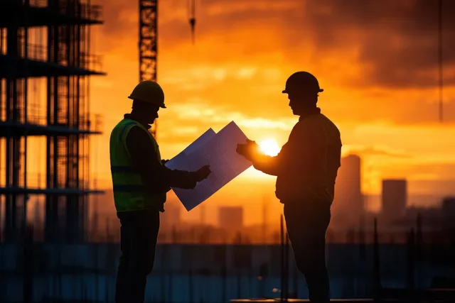 Two silhouetted construction workers review blueprints on a high scaffold at sunset over an industrial skyline.
