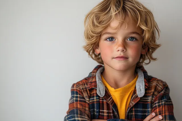 Confident Indian boy in plaid shirt with crossed arms smiling on white studio background