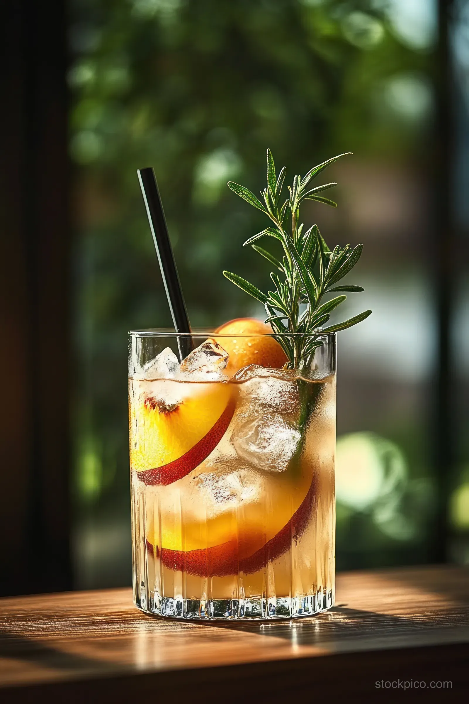 Clear glass with iced peach slices, rosemary sprig, and black straw on a wooden table in warm sunlight.