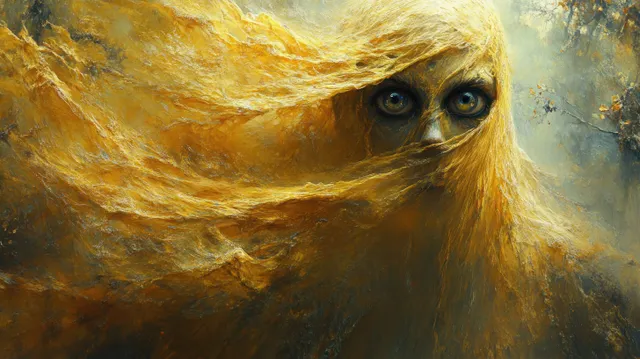Surreal multi-eyed alien portrait with flowing golden drapery and misty soft light