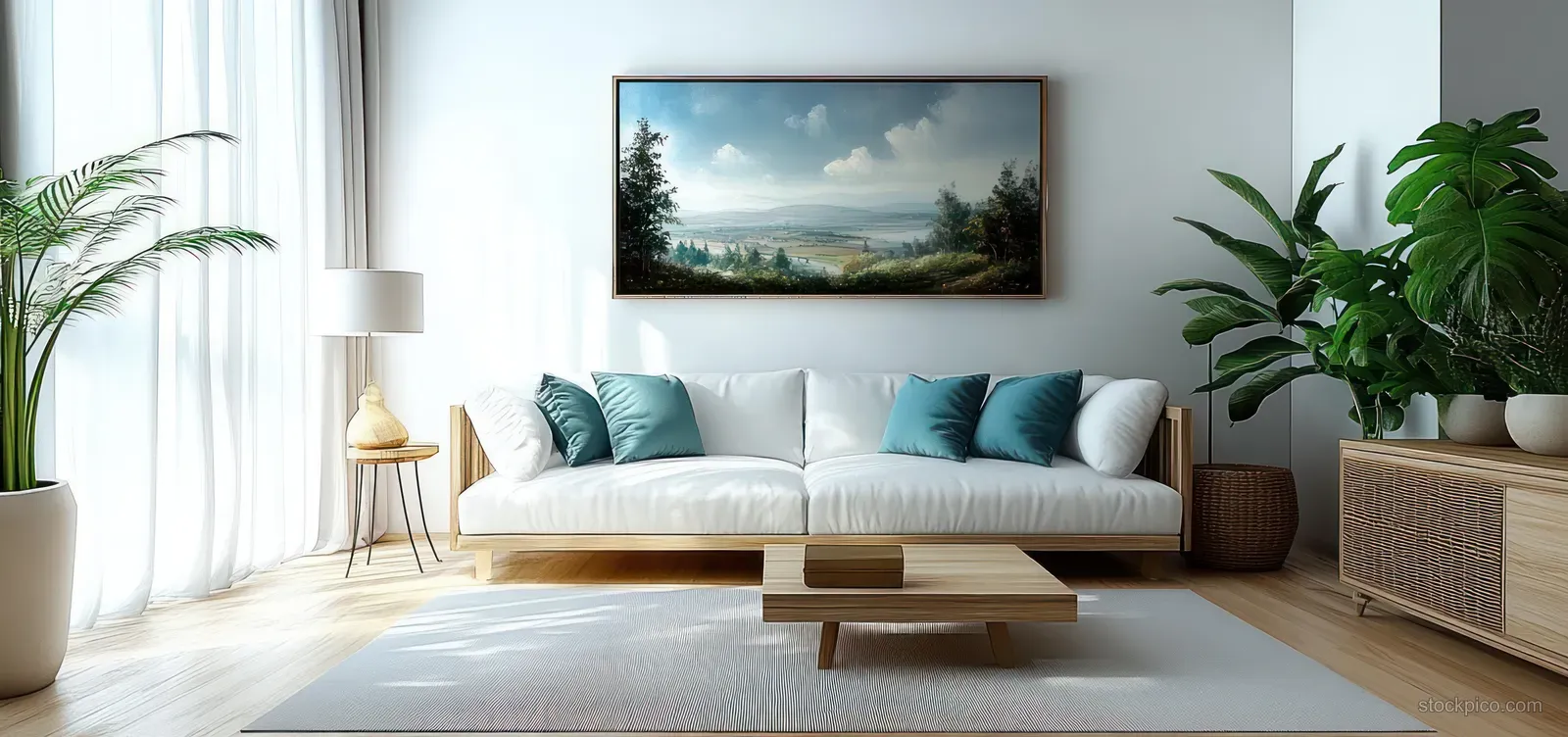 A sunlit minimalist living room with a light luxury sofa, teal cushions, indoor plants, and sheer curtains.