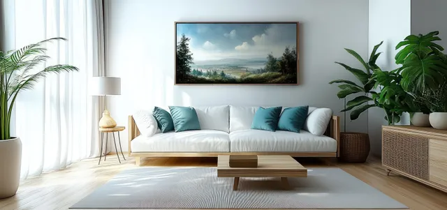 A sunlit minimalist living room with a light luxury sofa, teal cushions, indoor plants, and sheer curtains.