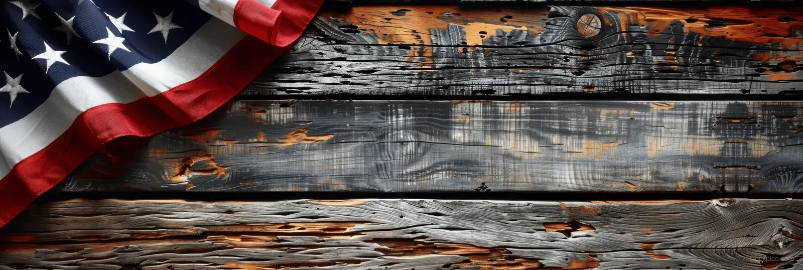 American flag draped over weathered wooden boards with red stripes and a blue star field.