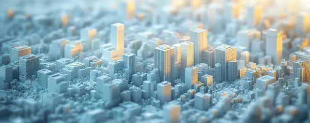 Aerial view of minimalist white city grid with geometric towers and soft sunlit shadows