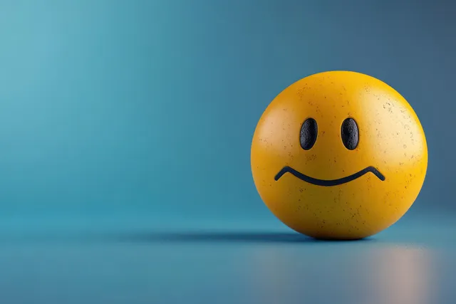 A yellow ball with a sad face sits on a smooth blue surface under soft lighting.