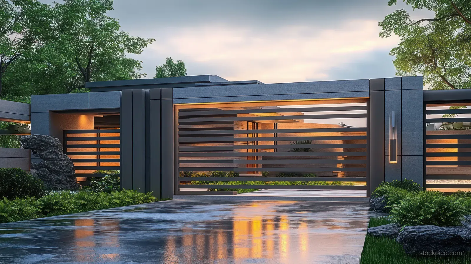 Modern house entrance with horizontal gate, warm dusk lighting, wet driveway reflections, and landscaped greenery.