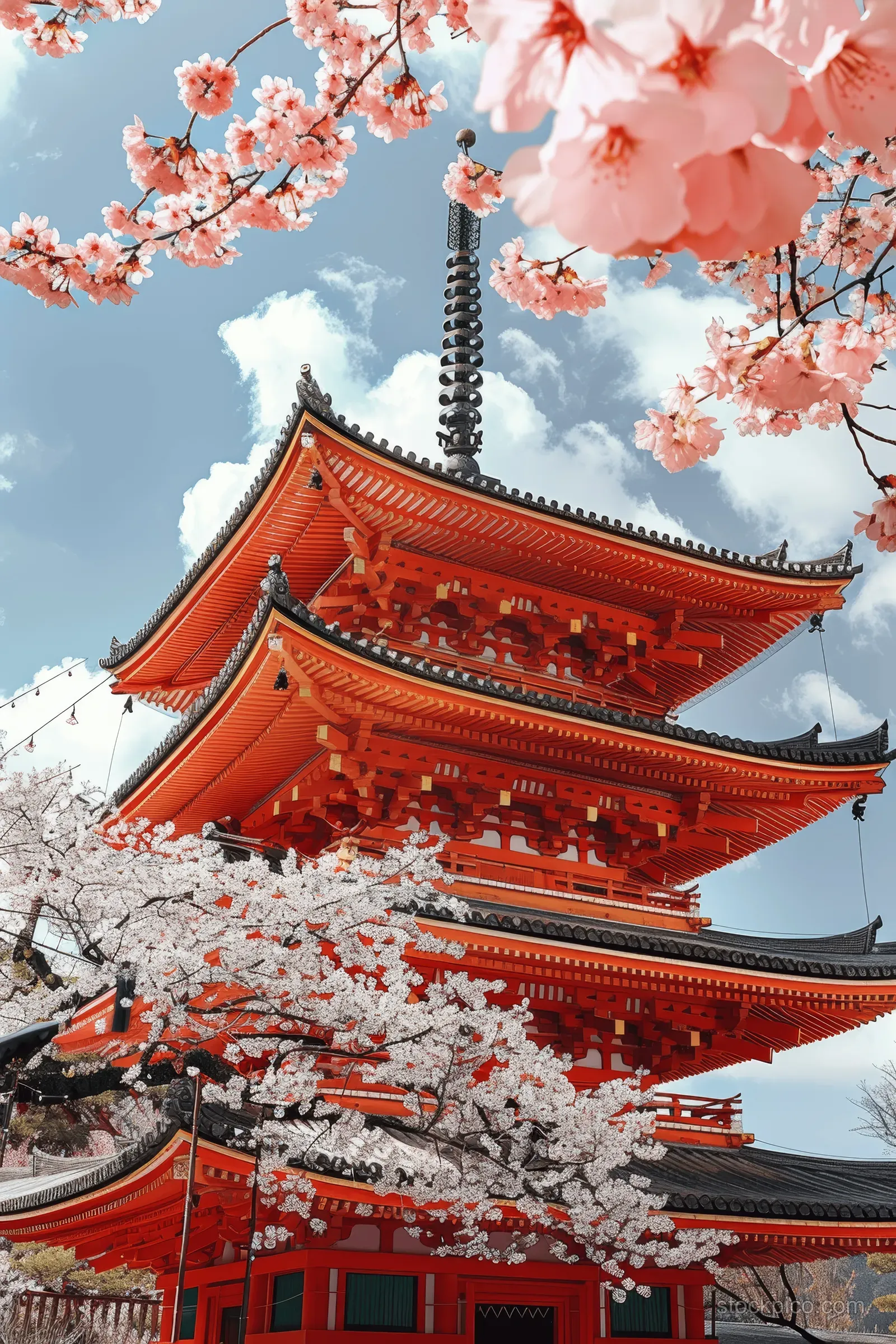 Red Japanese pagoda in Kyoto surrounded by pink cherry blossoms under a bright blue sky.