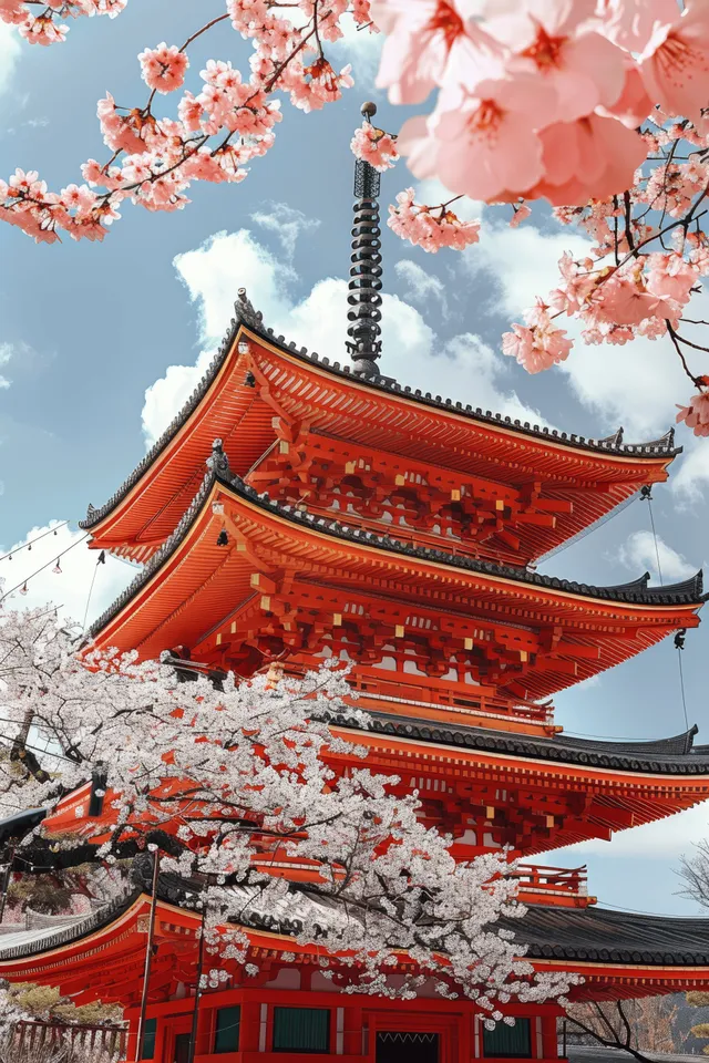 Red Japanese pagoda in Kyoto surrounded by pink cherry blossoms under a bright blue sky.