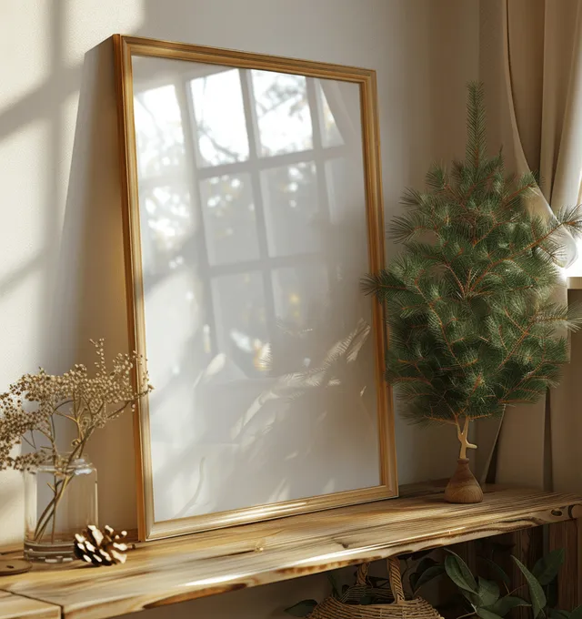 An A4 wooden picture frame mockup sits on a light wood shelf with pine branches in soft window light.