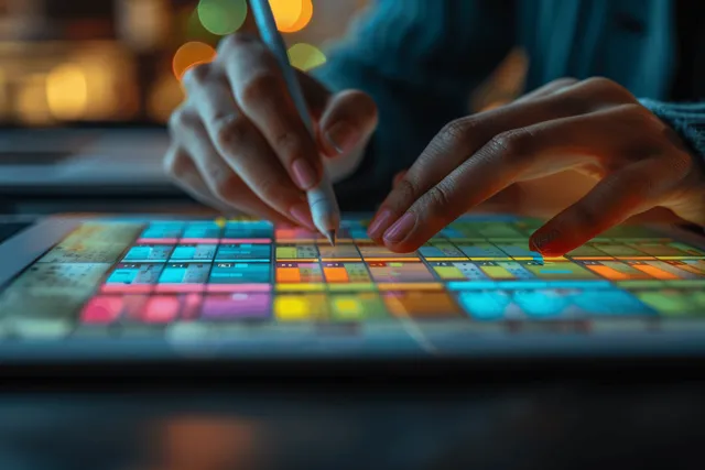 A businesswoman’s hands tap a colorful event calendar on a tablet in an office setting.