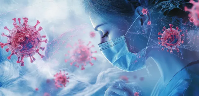 A healthcare worker wearing a blue surgical mask with red virus particles floating in front of digital data imagery.