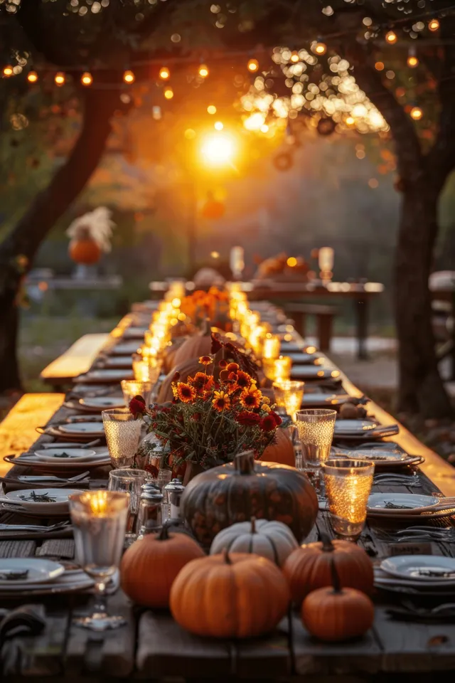 Rustic outdoor dining tables with pumpkins, flowers, and candles glow in golden hour sunset light.