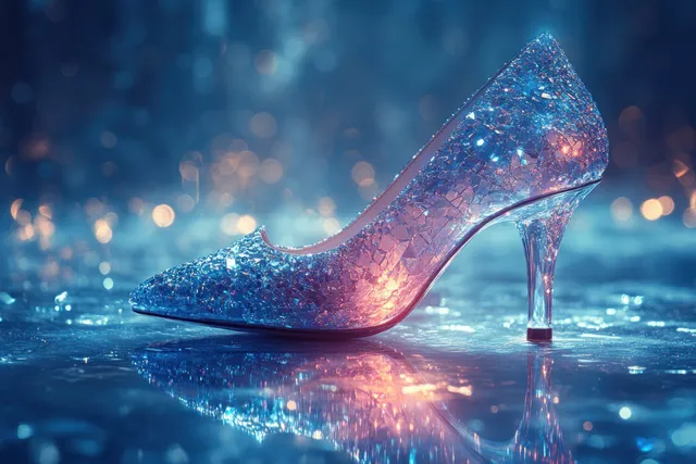 A surreal 3D crystal high heel shoe glows with dreamlike blue lighting and reflections on a glossy floor.