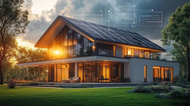 Modern eco-friendly house with rooftop solar panels glowing windows at sunset, with a digital energy overlay above the roof.