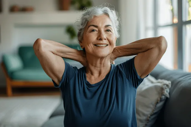Smiling senior woman stretching in a home living room, arms behind head