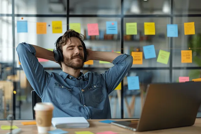 Caucasian man relaxing at a desk, wearing headphones with hands behind head