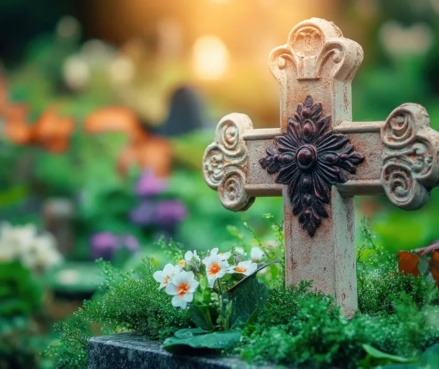Ornate cemetery cross with blooming flowers and soft light in a quiet memorial scene