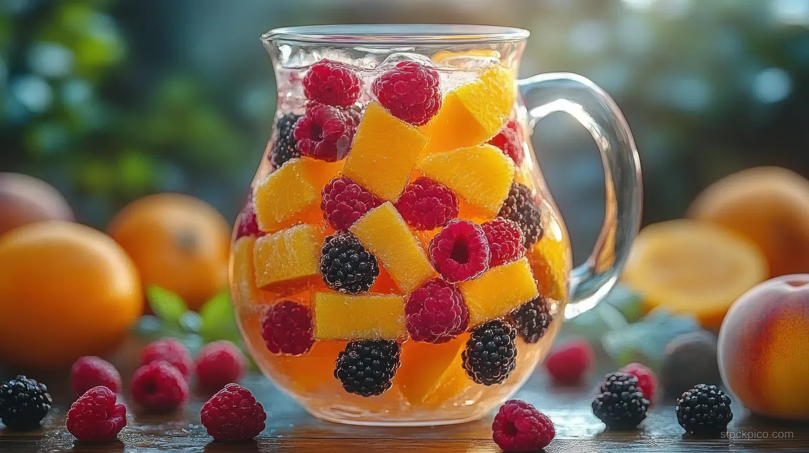 Clear glass pitcher filled with raspberries, blackberries, and orange chunks on a wooden table with scattered fruit.