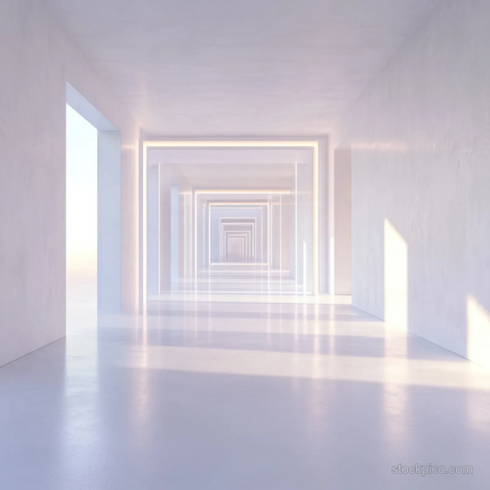 Minimalist white corridor with repeating geometric frames receding into the distance under soft light.