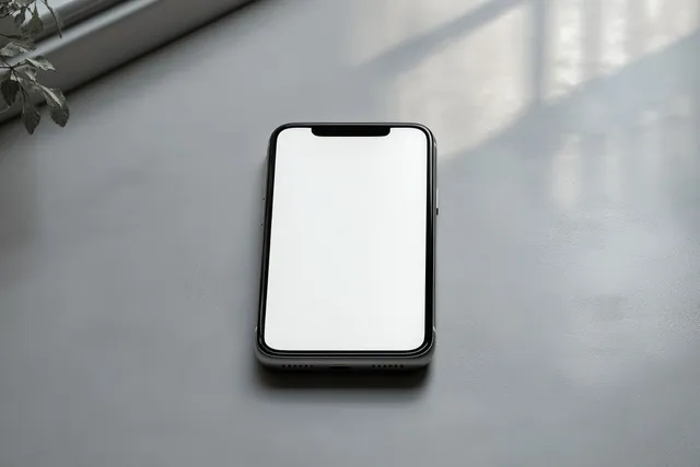 A smartphone with a blank white screen lies on a smooth gray tabletop with soft natural light and a small plant corner.